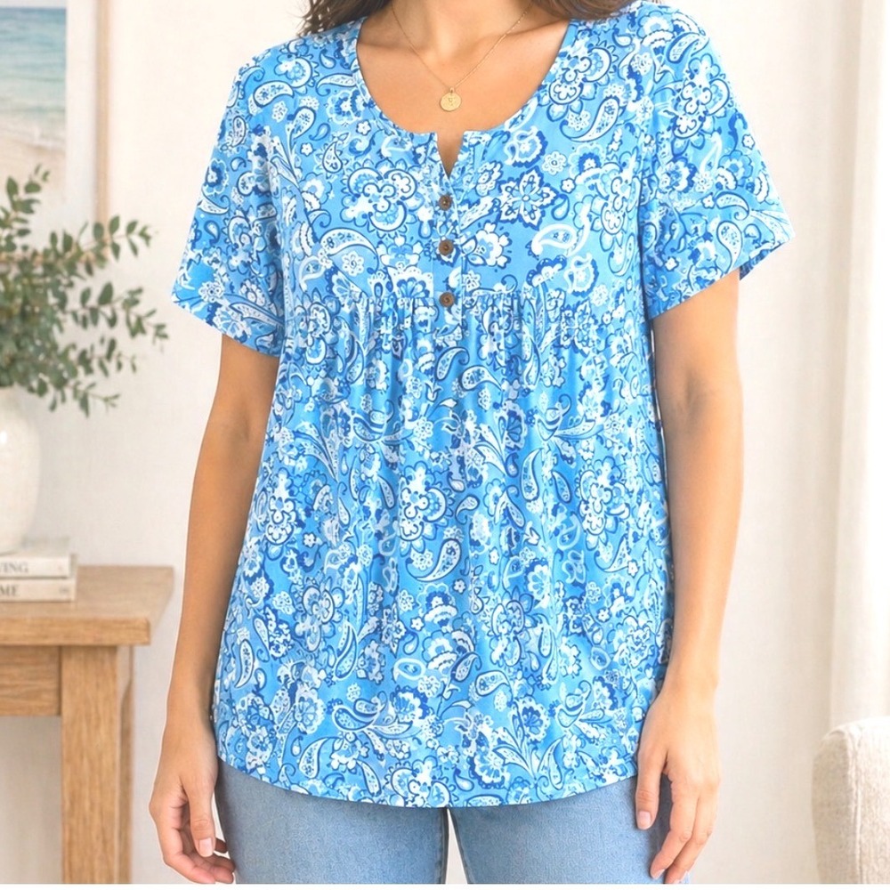 VISLILY Plus Size Blue Paisley Print Short Sleeve‎ Tunic Top 14W Large